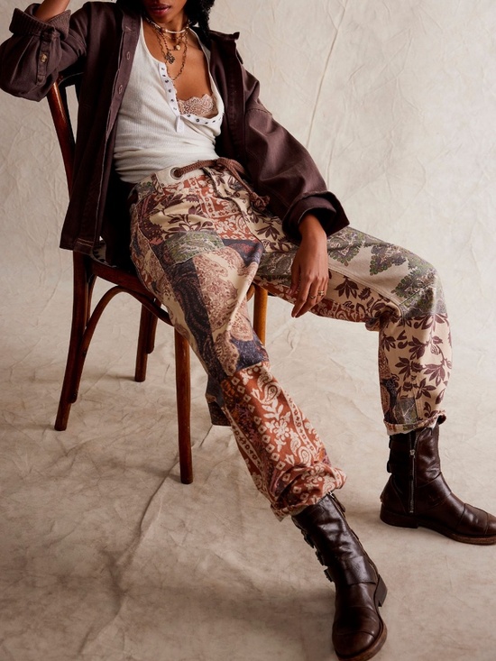 Free People Denim - Free People Moxie Printed Brown Combo / Brn Motif Pull-On Barrel Jeans W 27 S